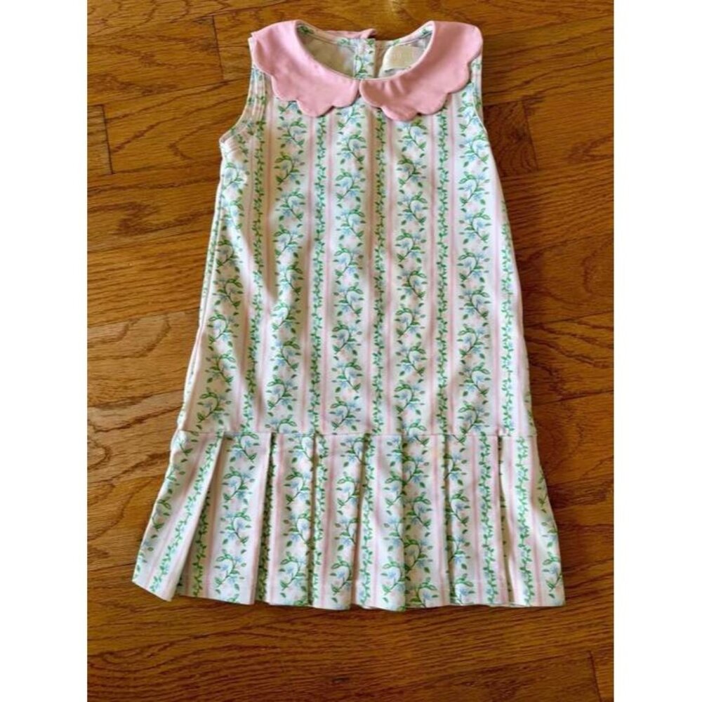 Cecil and Lou Girls Floral Stripe Pleated Hem Dress with Pink Scallop Collar